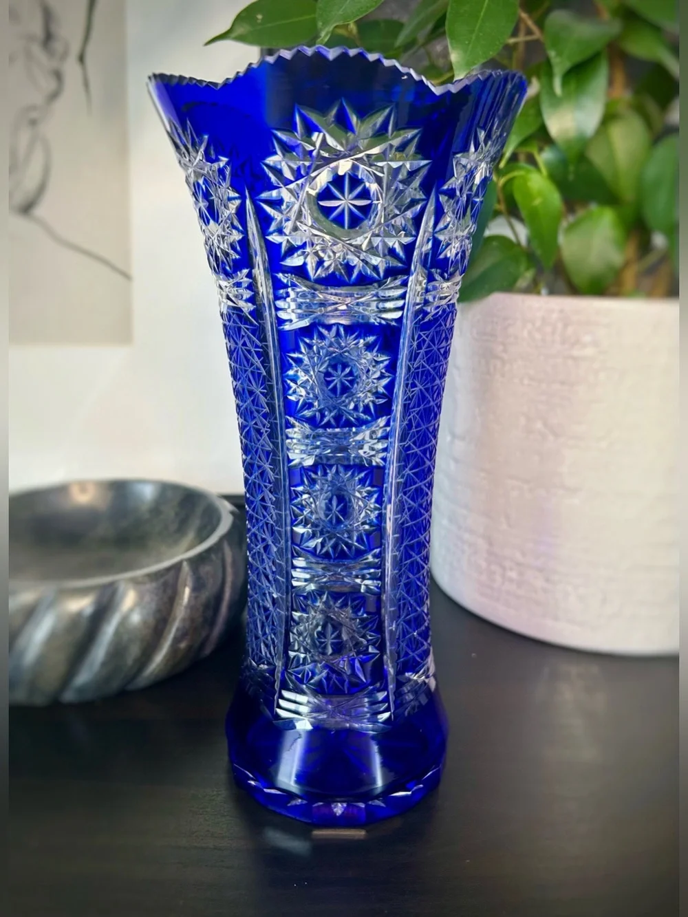 Bohemian Cobalt Blue Cut Crystal Trumpet Vase | Hand-Cut Czech Glass Mid-Century